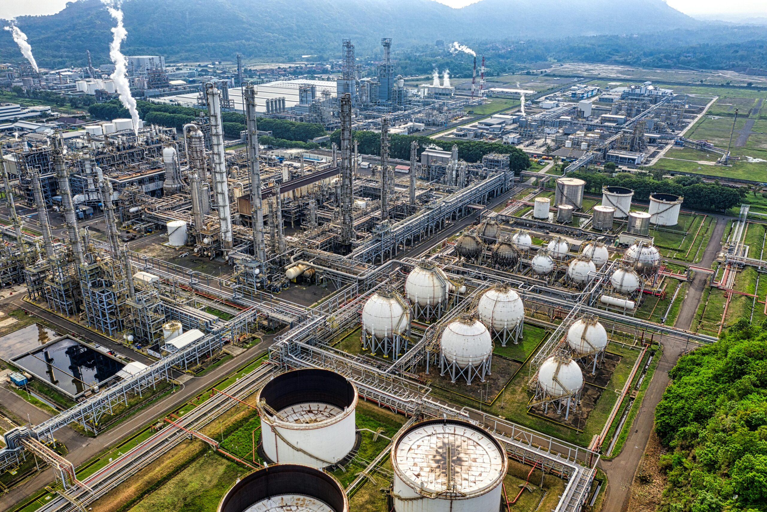 Extensive aerial shot of a large industrial refinery located in Banten, Indonesia.